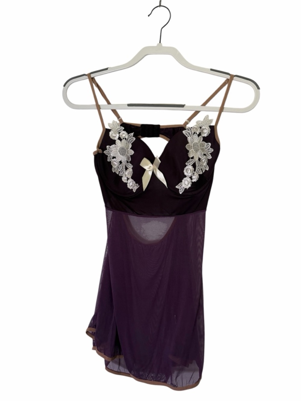 Purple Padded Sleeveless Mesh Lingerie Womens White Floral Bow